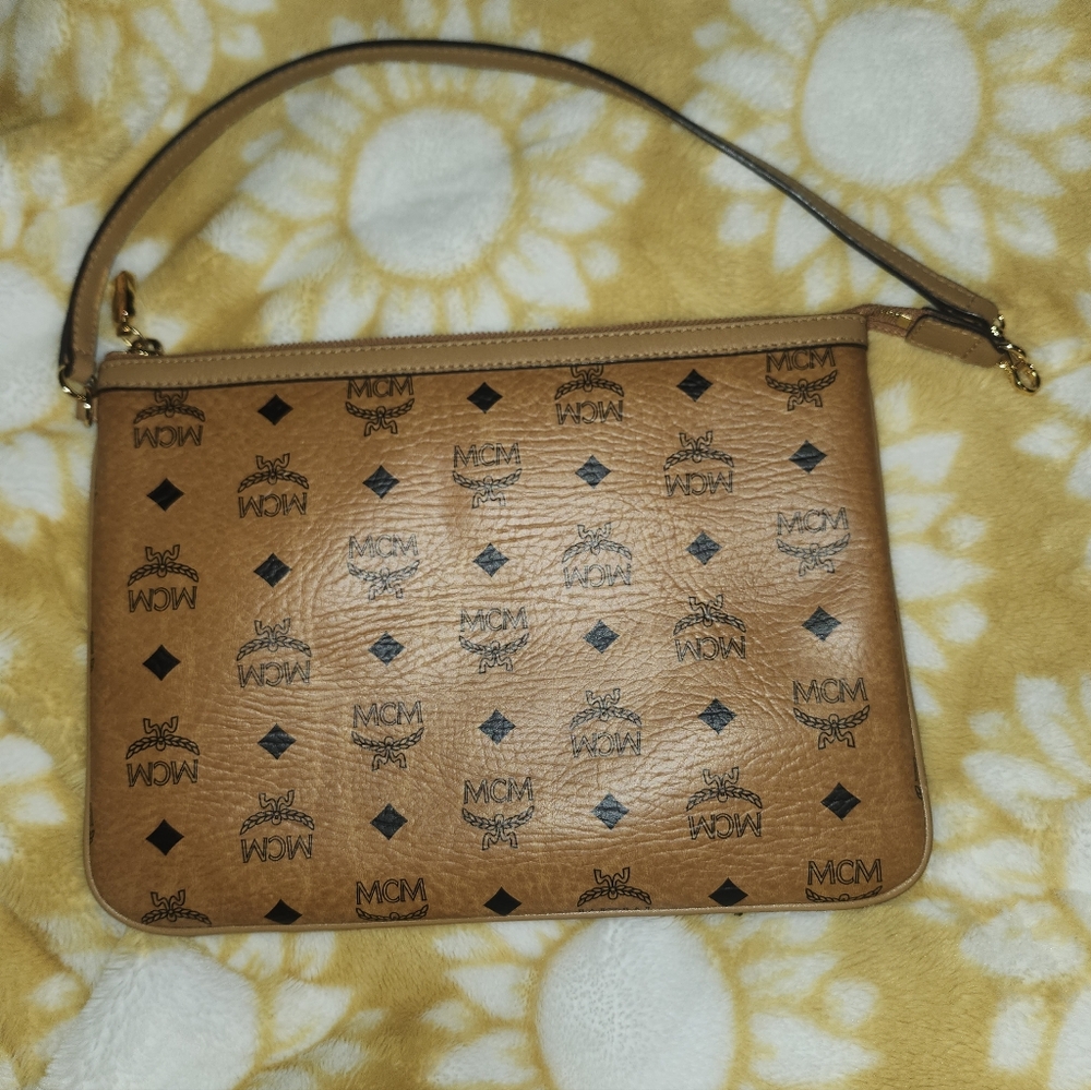 MCM Cognac Visetos Logo Print Shoulder Pouch
